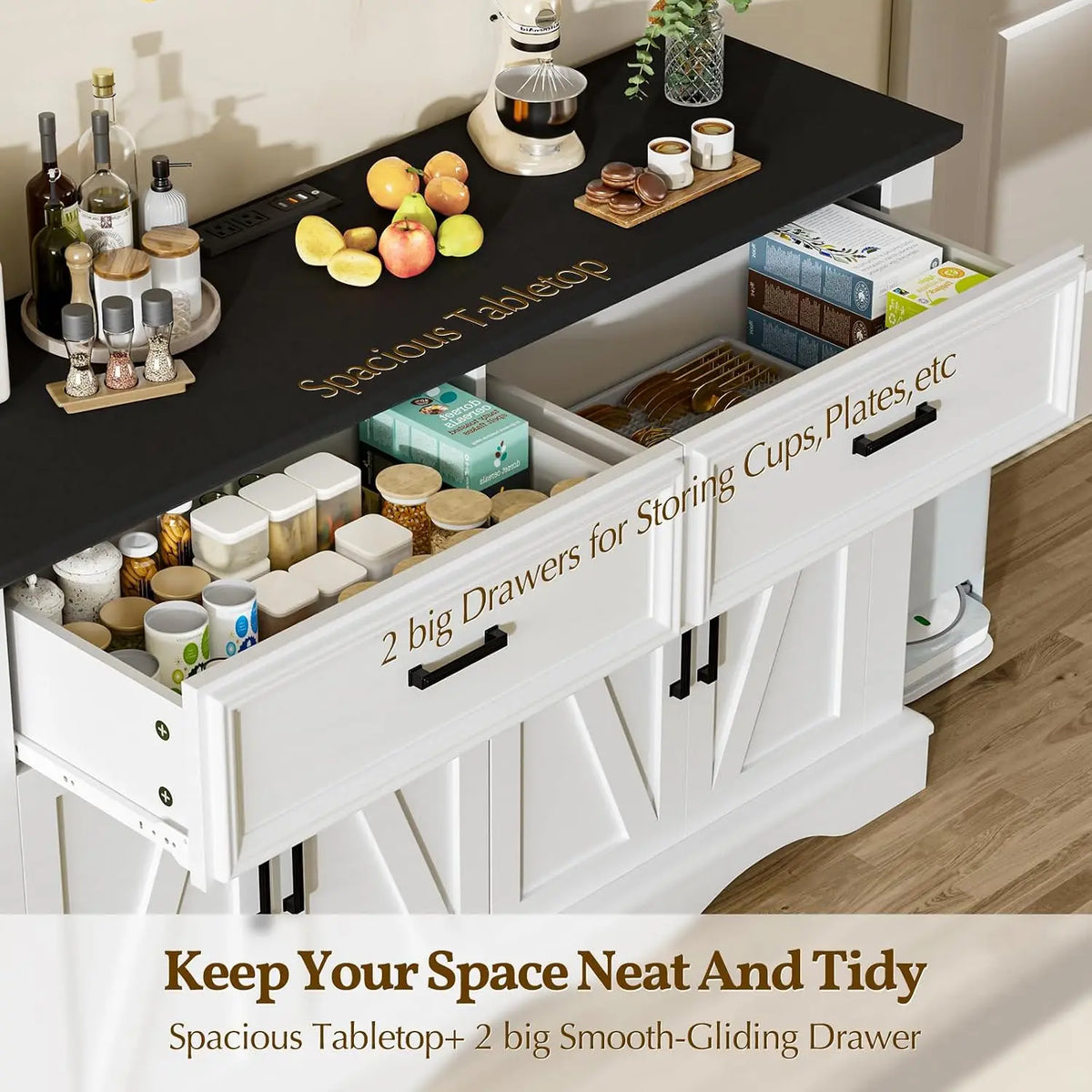 Wood Modern Farmhouse Sideboard Buffet Cabinet With Charging Station