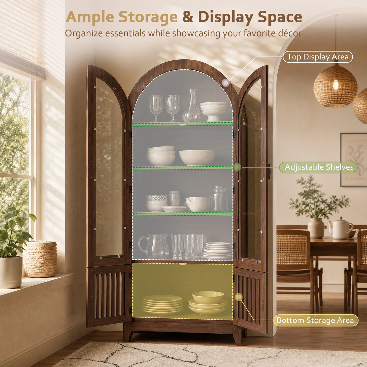 Tcgbkaf Modern Farmhouse Arched Wood Display Cabinet With Glass Doors