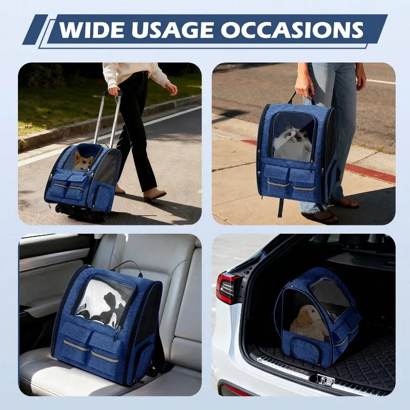 2-In-1 Trolley Pet Cat Bag | Cat Carrier With Wheels, Airline Approved Pet Carrier With Telescopic Handle, Polyester Rolling Dog Cat Carrier With Zipper Closure, Detachable Soft-Sided Travel Carrier With Shoulder Strap And Sa