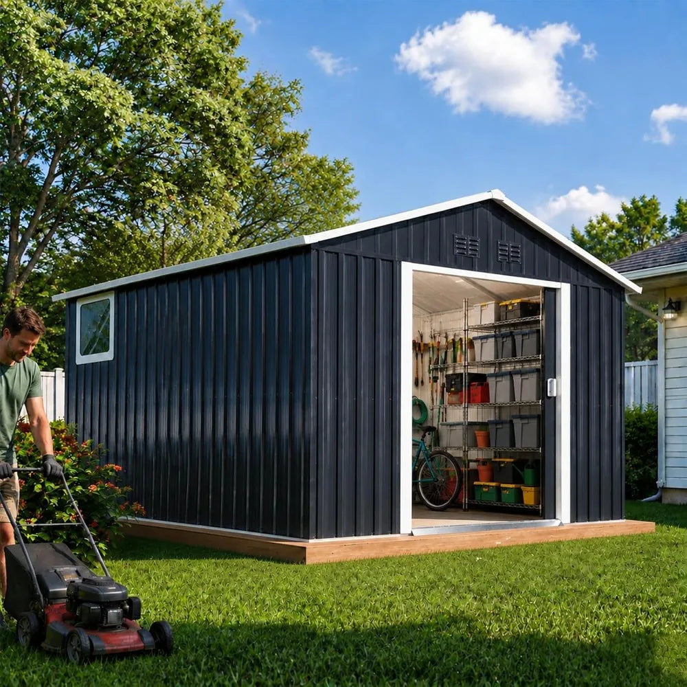 Outdoor Metal Storage Shed With Windows And Lockable Doors