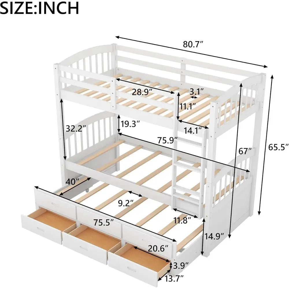 Wood Bunk Bed with Trundle 3 Drawers for Kids Bedroom