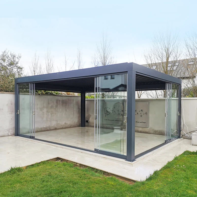 Motorized Aluminum Pergola With Glass Sliding Doors And LED Lights