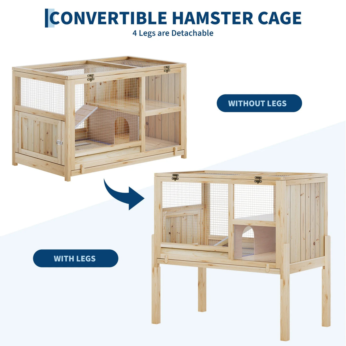 Wooden Guinea Pig Cage Indoor with Stand, 38" 2-Story Rabbit Hutch w/Ramp & Hideout, Clear Vision, Leak-Proof Pull-Out Tray, Lockable Door, Bunny Hamster Habitat