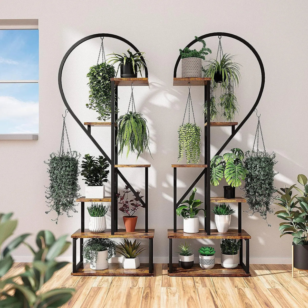 Half Heart Plant Stand With Hooks And Multiple Planter Shelves