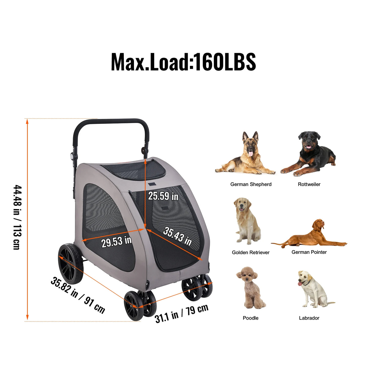 SucceBuy Pet Stroller 4 Wheels Dog Stroller with Brakes, 160lbs Weight Capacity Adjustable Height Animal Stroller for Cats &Dogs