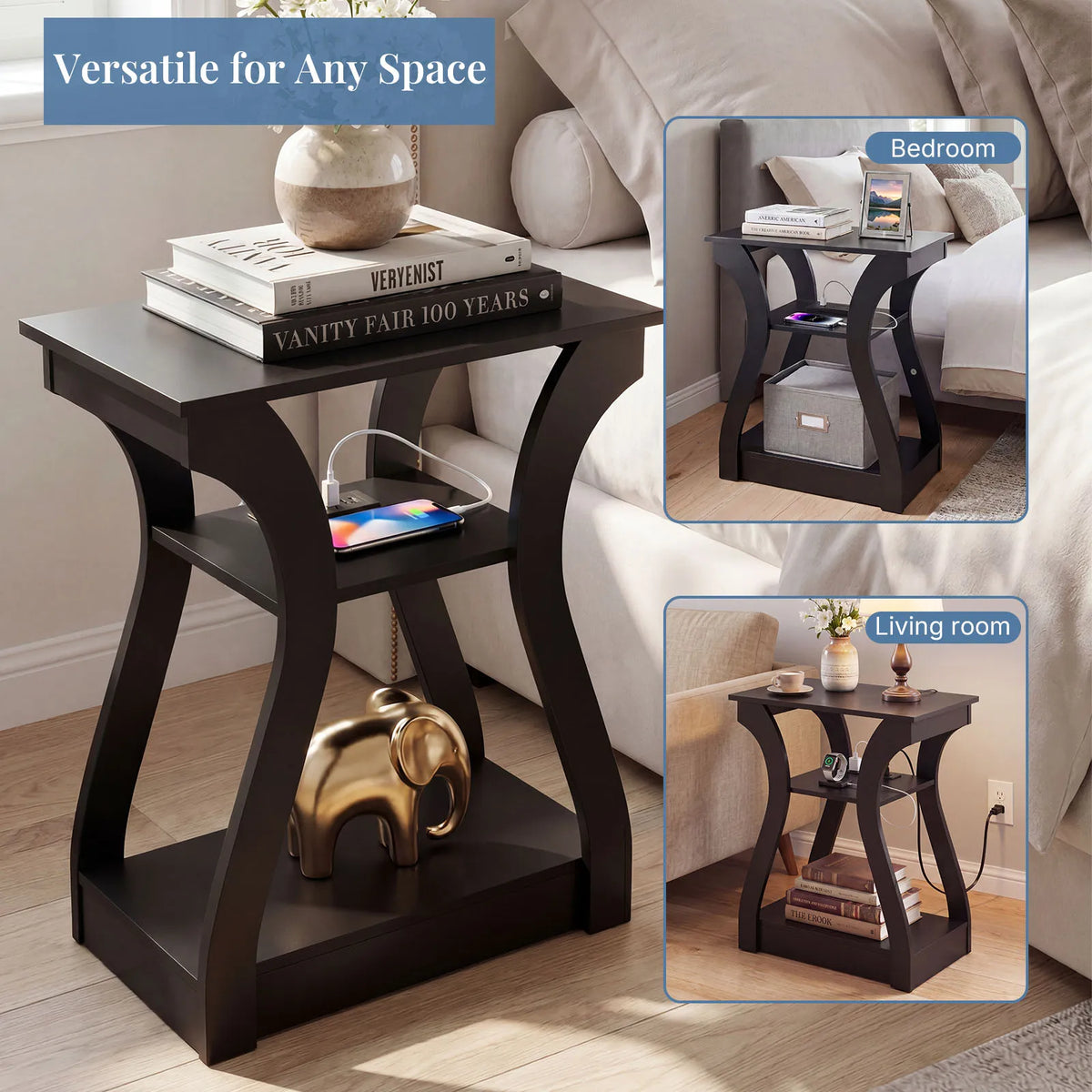 MCQ Modern 3 Tier Living Room Cabinet With Charging Station