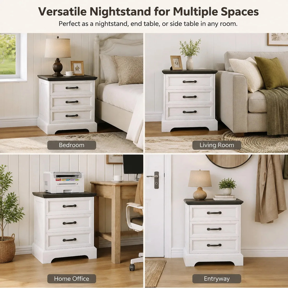 Anixol Farmhouse Nightstand With Three Drawer Charging Station