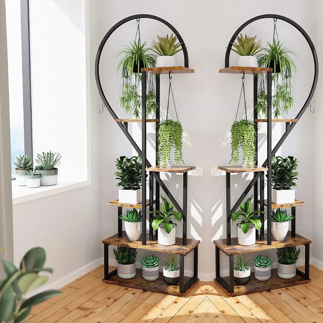 Half Heart Plant Stand With Hooks And Multiple Planter Shelves