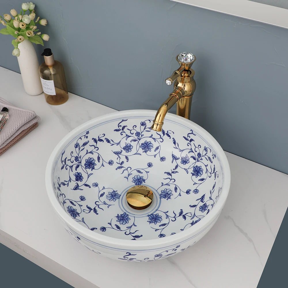 MEKKHALA Hand Painted Ceramic Vessel Sink And Faucet Combo
