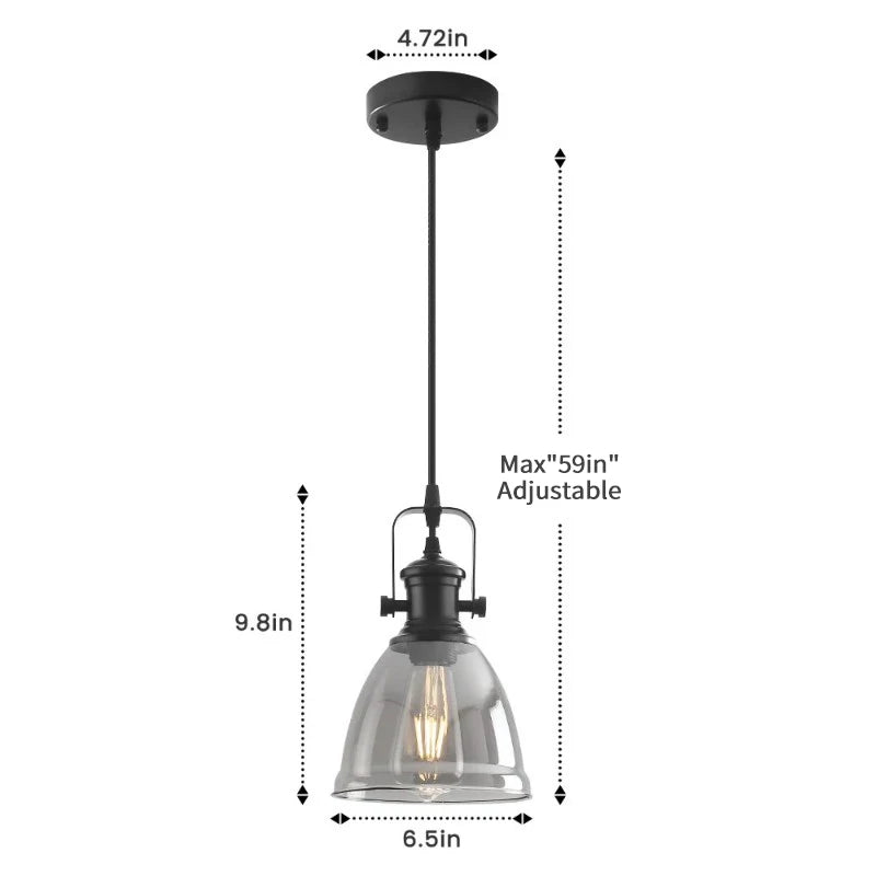 2-Pack Industrial Glass Pendant Light Smoke Gray Glass Shade Black Metal Hanging Lamp E26 Base Adjustable Cord For Kitchen Island Dining Room Farmhouse Ceiling Lighting