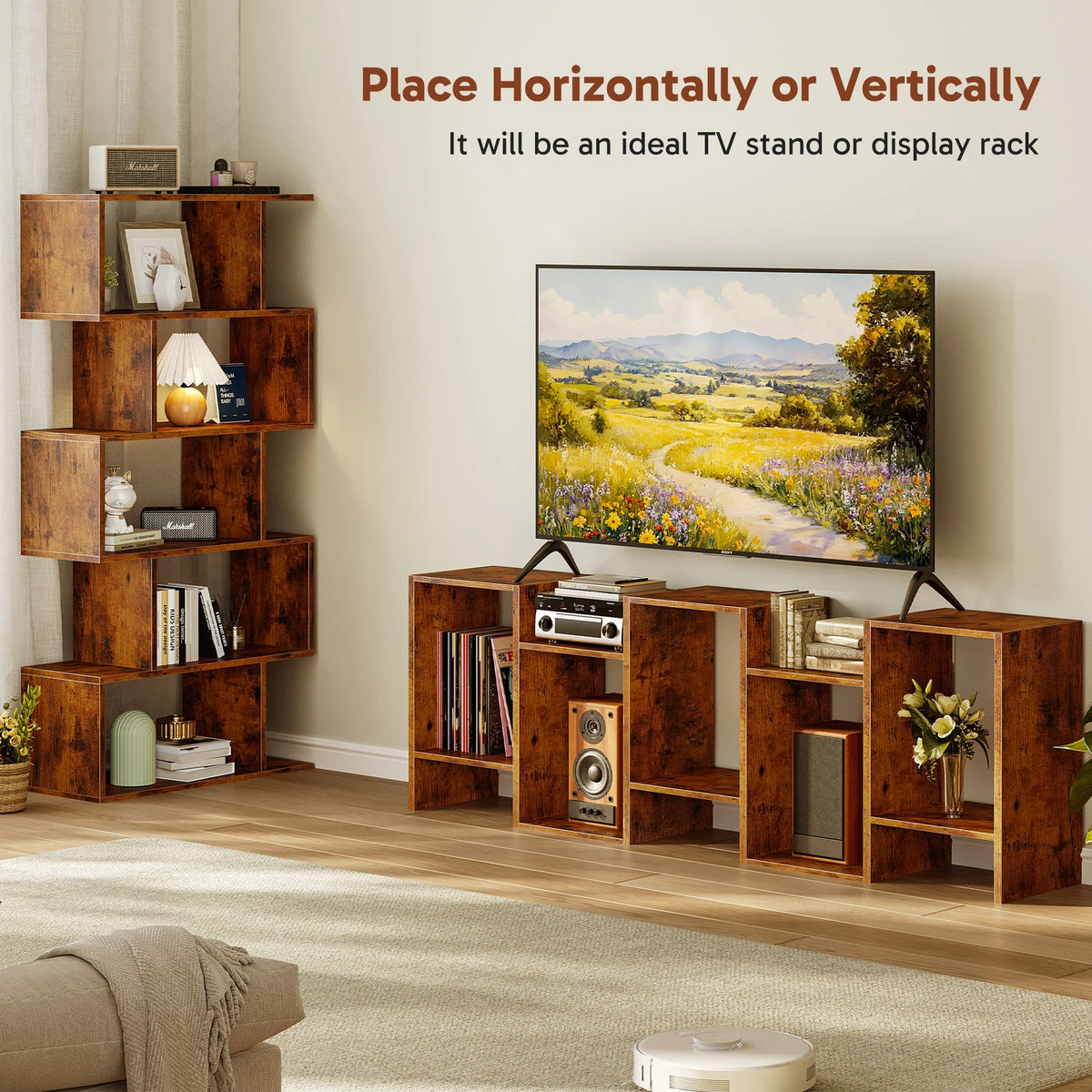 JHK Geometric Wooden Bookcase With Modern Storage Display Shelves