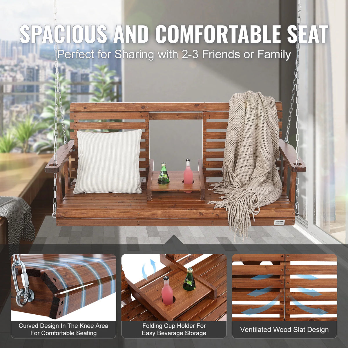 SucceBuy Wooden Porch Swing With Durable Cedar Wood Construction