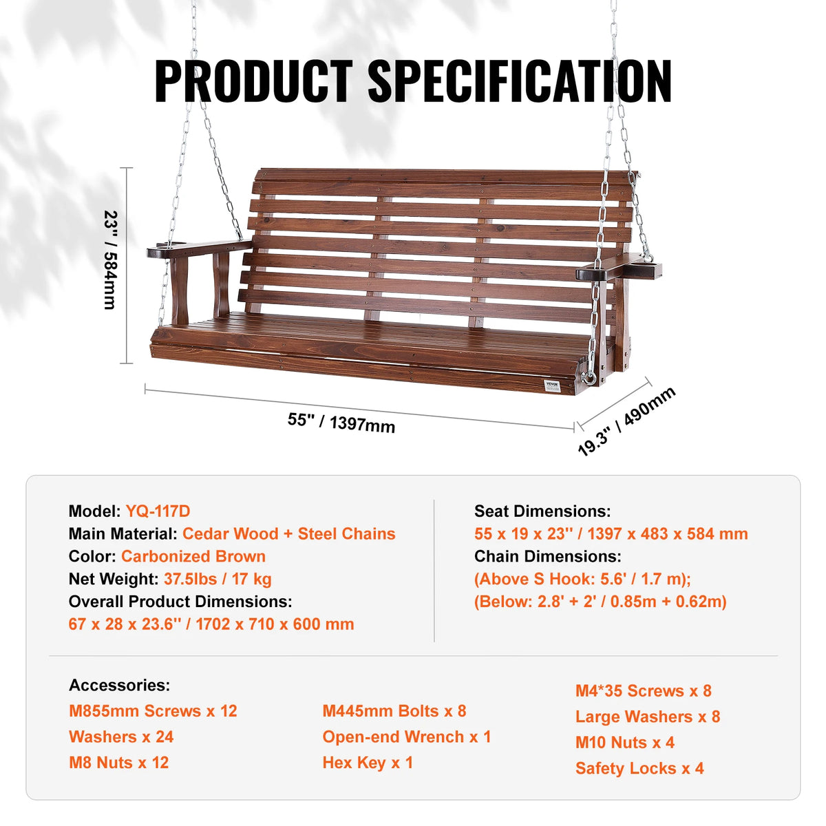 SucceBuy Wooden Porch Swing With Durable Cedar Wood Construction