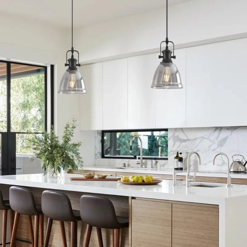 2-Pack Industrial Glass Pendant Light Smoke Gray Glass Shade Black Metal Hanging Lamp E26 Base Adjustable Cord For Kitchen Island Dining Room Farmhouse Ceiling Lighting