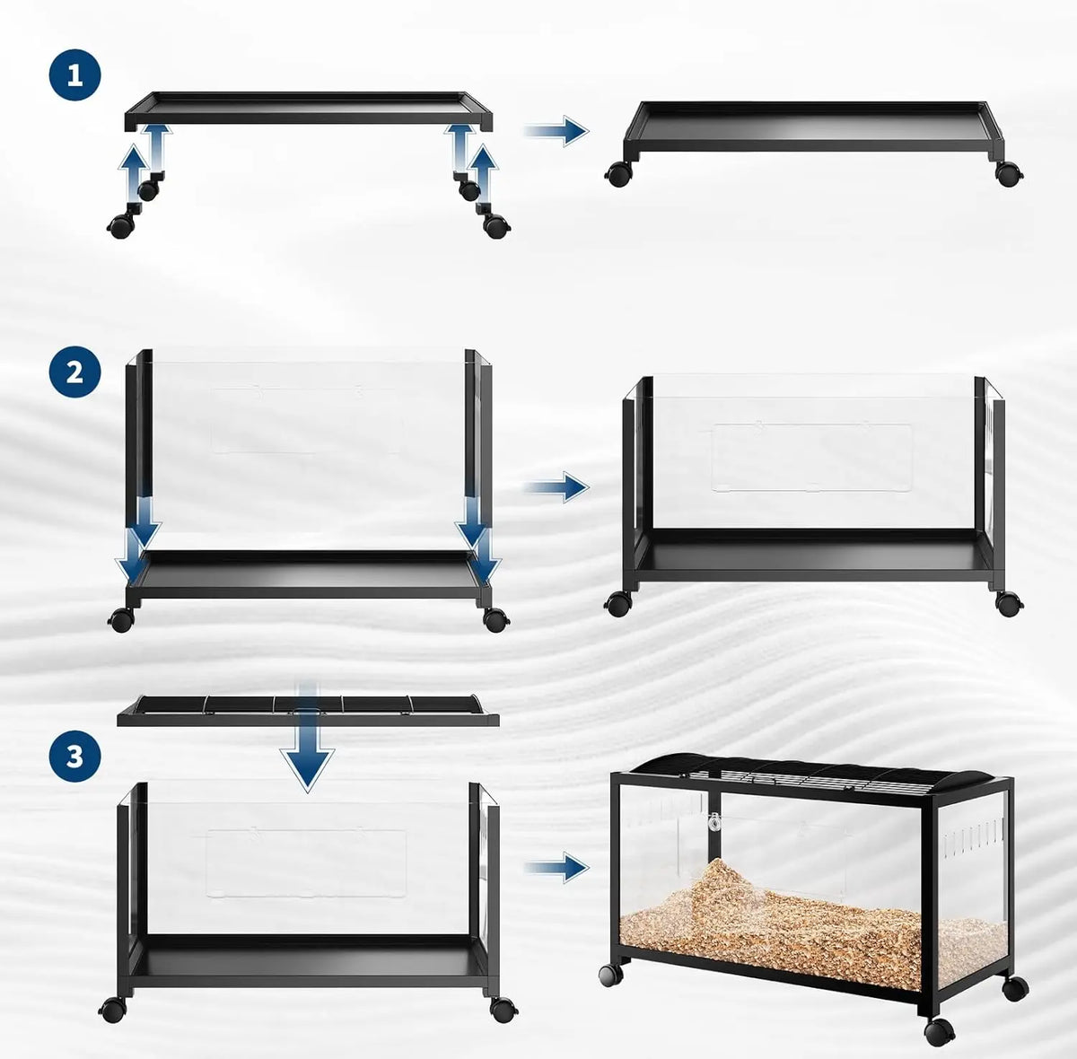 Large Hamster Cage, 3-Tier Gerbil Cages with Running Wheel, Water Bottle, Food Bowl, Ramps, Portable Hamster House with 7" Deep Glass Bottom for Syrian, Hamster, Gerbils (Metal Black)