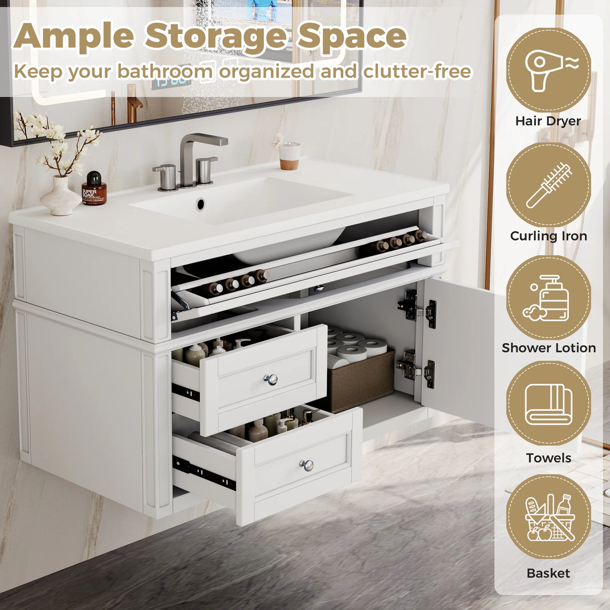 Modern Floating Bathroom Vanity With Ceramic Sink Storage Cabinet