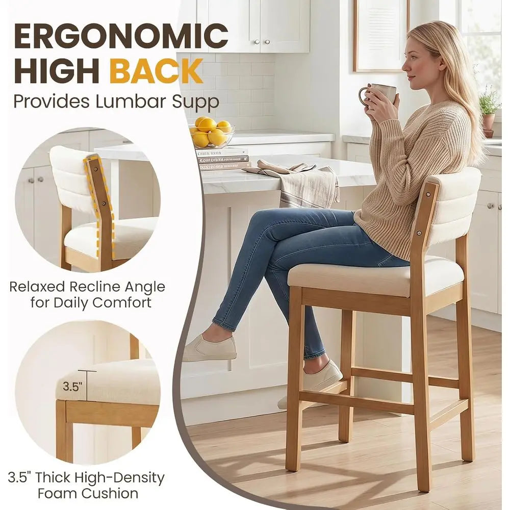 Upholstered Linen Counter Bar Stools With Wooden Legs