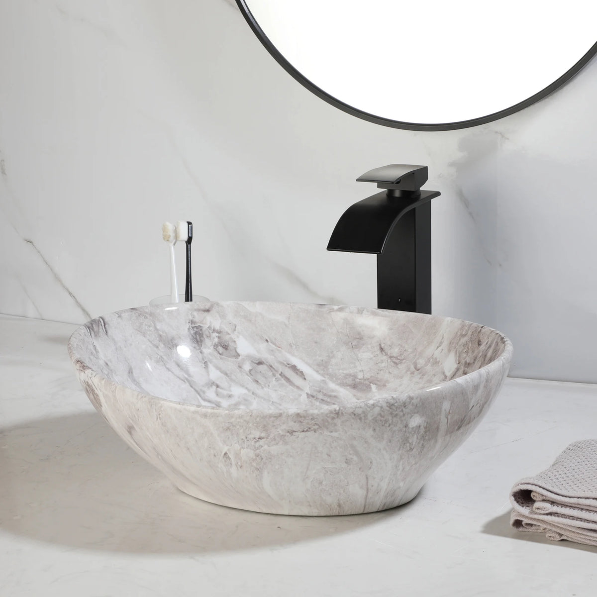 MEKKHALA Oval Ceramic Vessel Sink Set With Waterfall Faucet