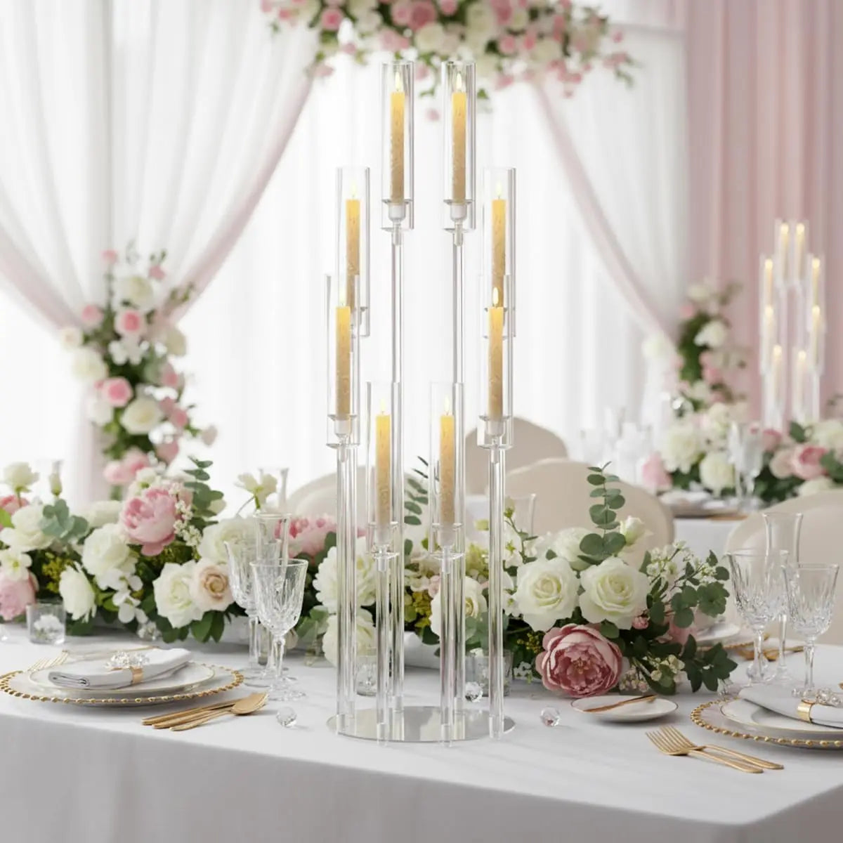 10PCS Clear Acrylic Candelabra 8 Arms, Candle Holder Centerpiece for Wedding Table Party Christmas Baby Shower Home Decor Fit LED Candle