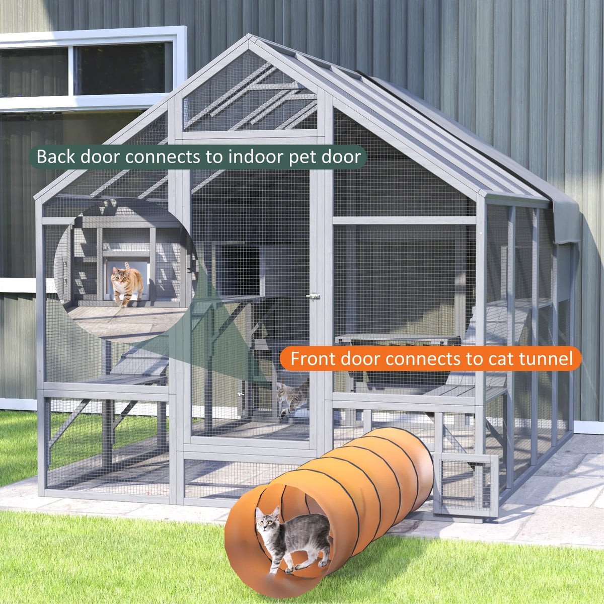 96.5" Walk-In Outdoor Cat Enclosure, Extra Large Waterproof Catio for Multiple Cats, Cat Run Cage with 2 Condos, 7 Platforms & Bridges, Grey