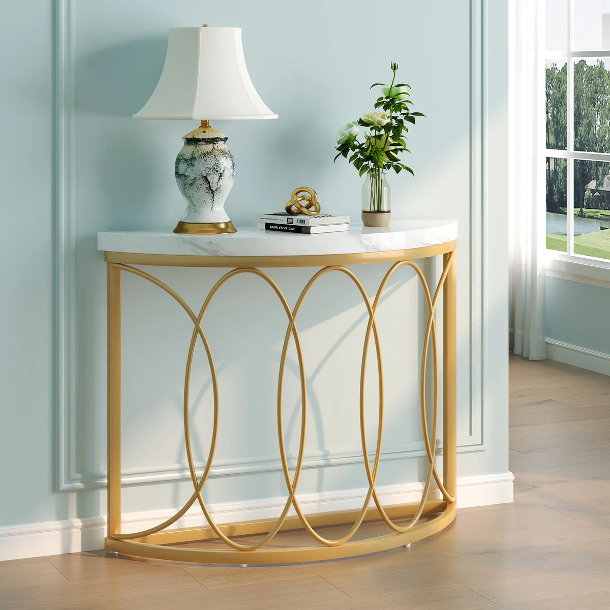 Tribesigns Half Moon Console Table Entryway Sofa Table Metal Frame