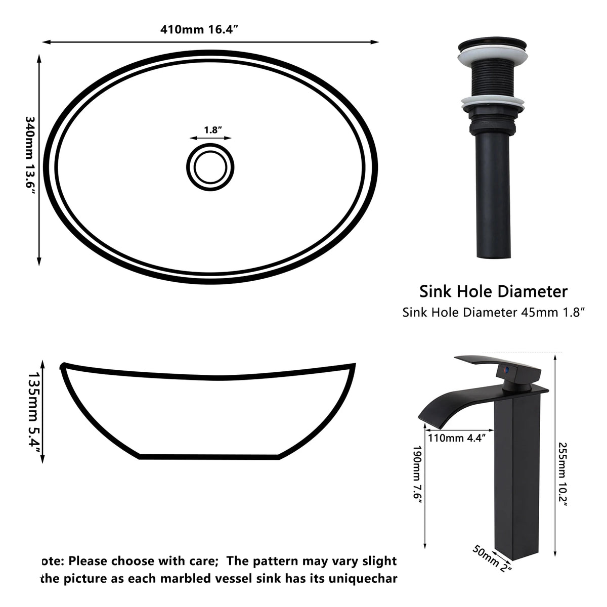 MEKKHALA Oval Ceramic Vessel Sink Set With Waterfall Faucet