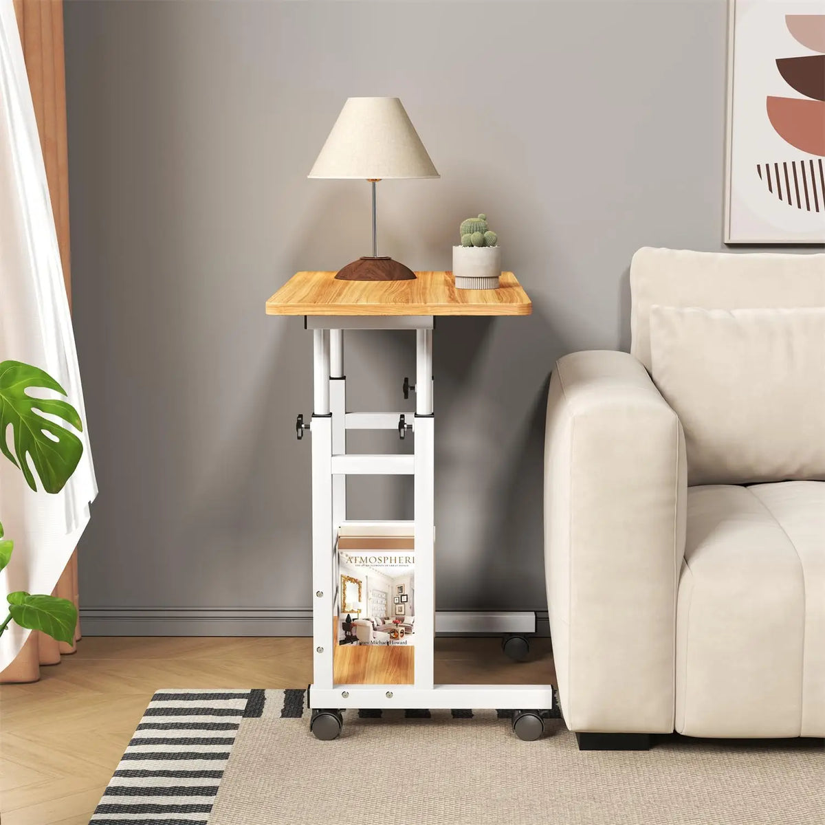 Adjustable Height Bamboo Standing Desk With Smooth Rolling Wheels