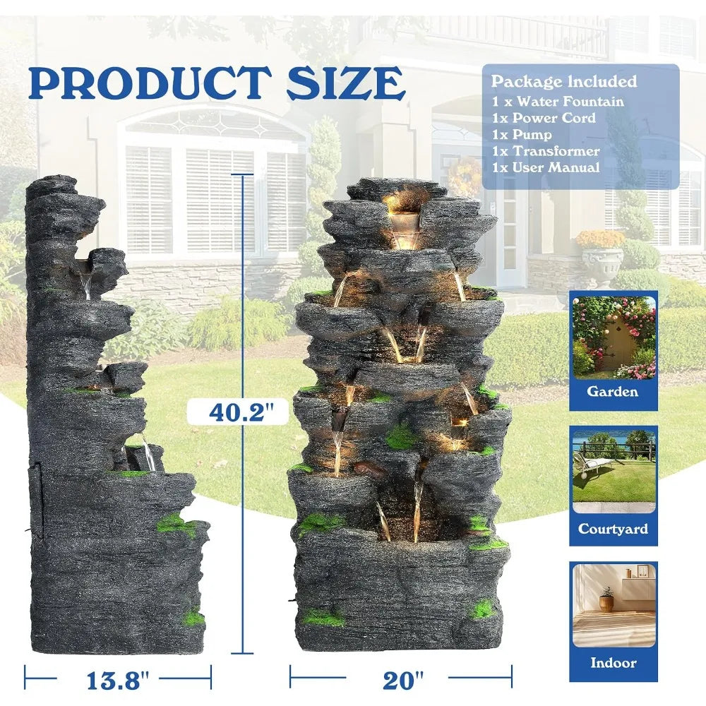 Cascading Rock Waterfall Fountain With LED Lights For Outdoor Gardens