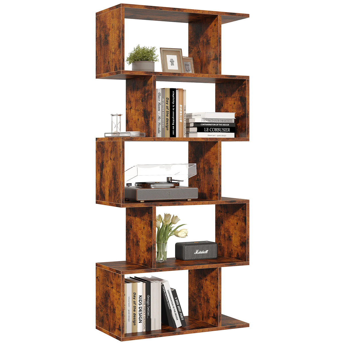 JHK Geometric Wooden Bookcase With Modern Storage Display Shelves