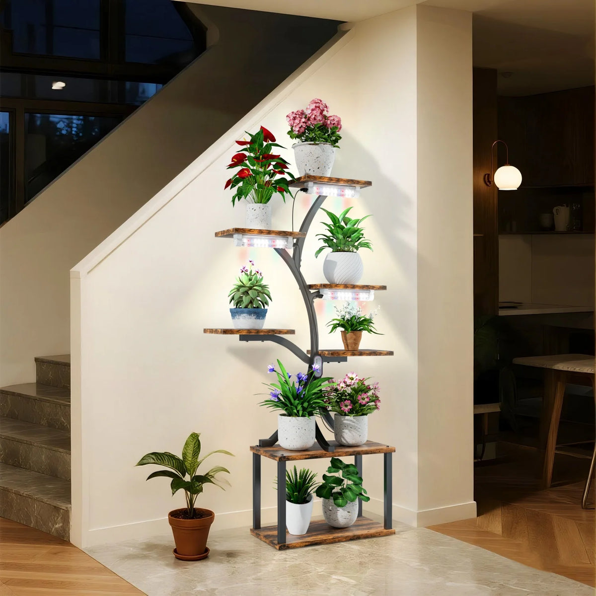 Tree Shaped Metal Plant Stand With Wooden Display Shelves
