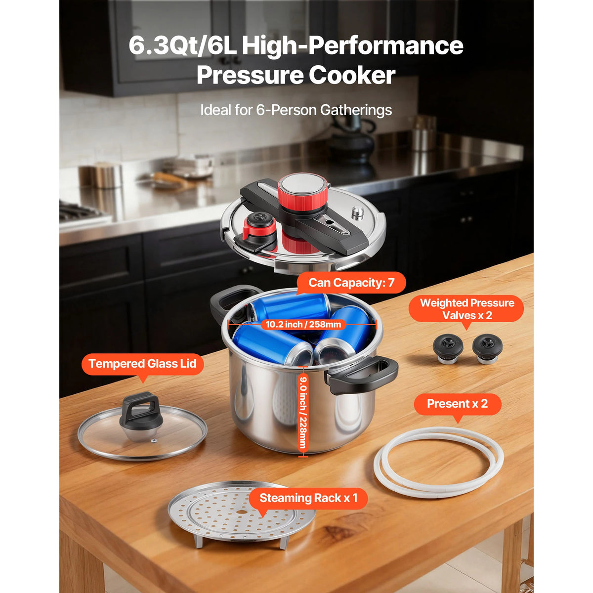 SucceBuy Stainless Steel Pressure Cooker Tempered Glass Lid Steaming Rack