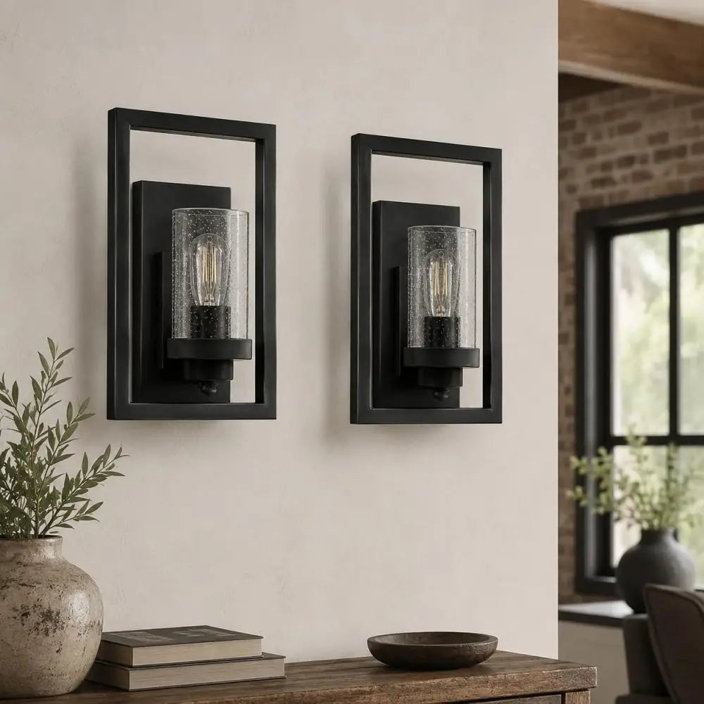 Glass Wall Sconce, Industrial Vintage Wall Lights with Clear Glass Shade, Square Metal Wall Mount Lighting, E26 Base, for Dinning Room, Bedroom, Living Room, Black, Set of 2(not included bulbs)