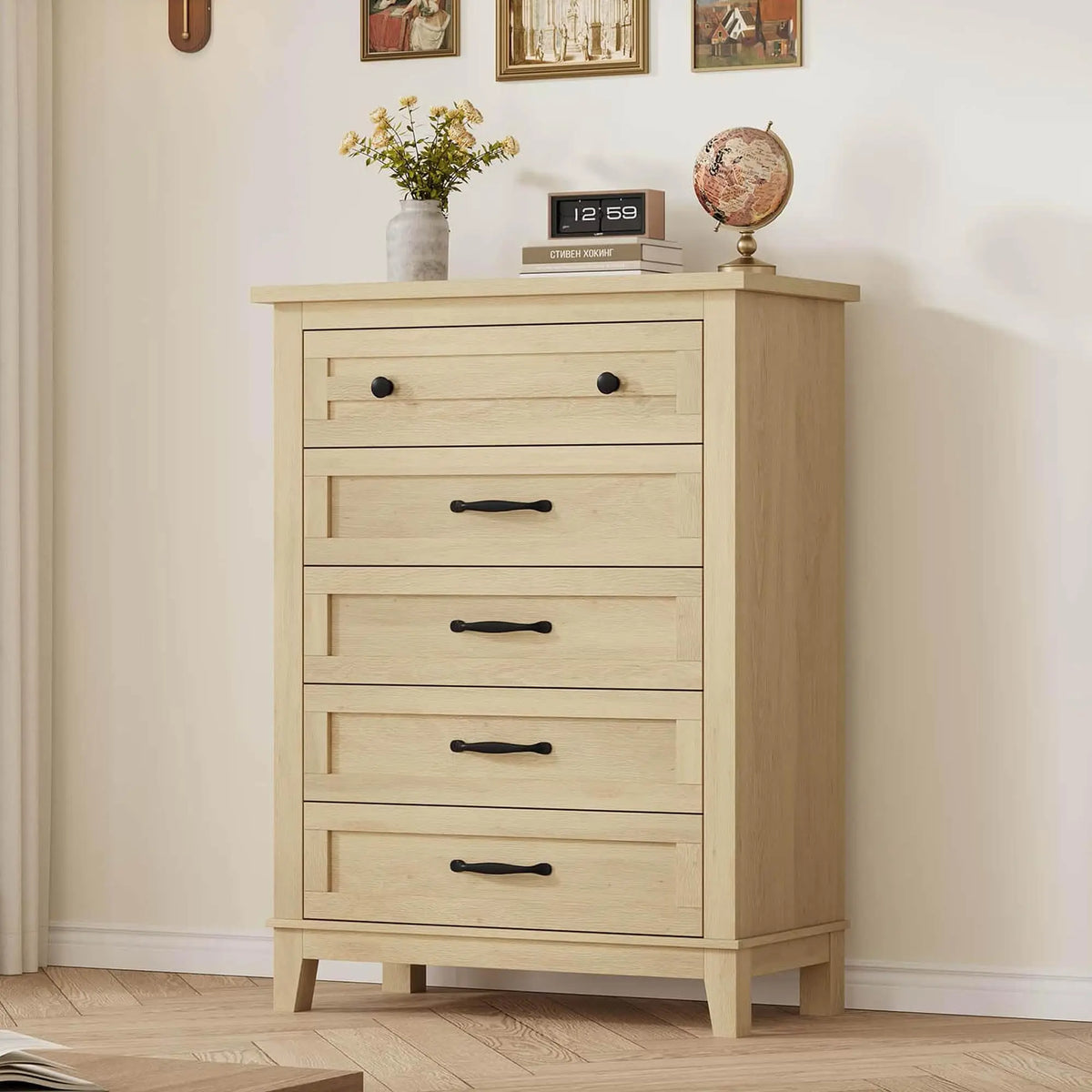 Five Drawer Wooden Dresser With Spacious Bedroom Storage Cabinet