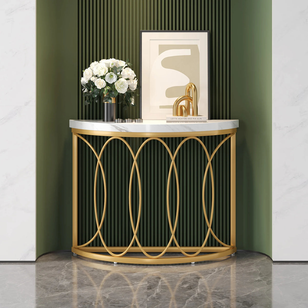 Tribesigns Modern Half Moon Console Table With Geometric Metal Frame