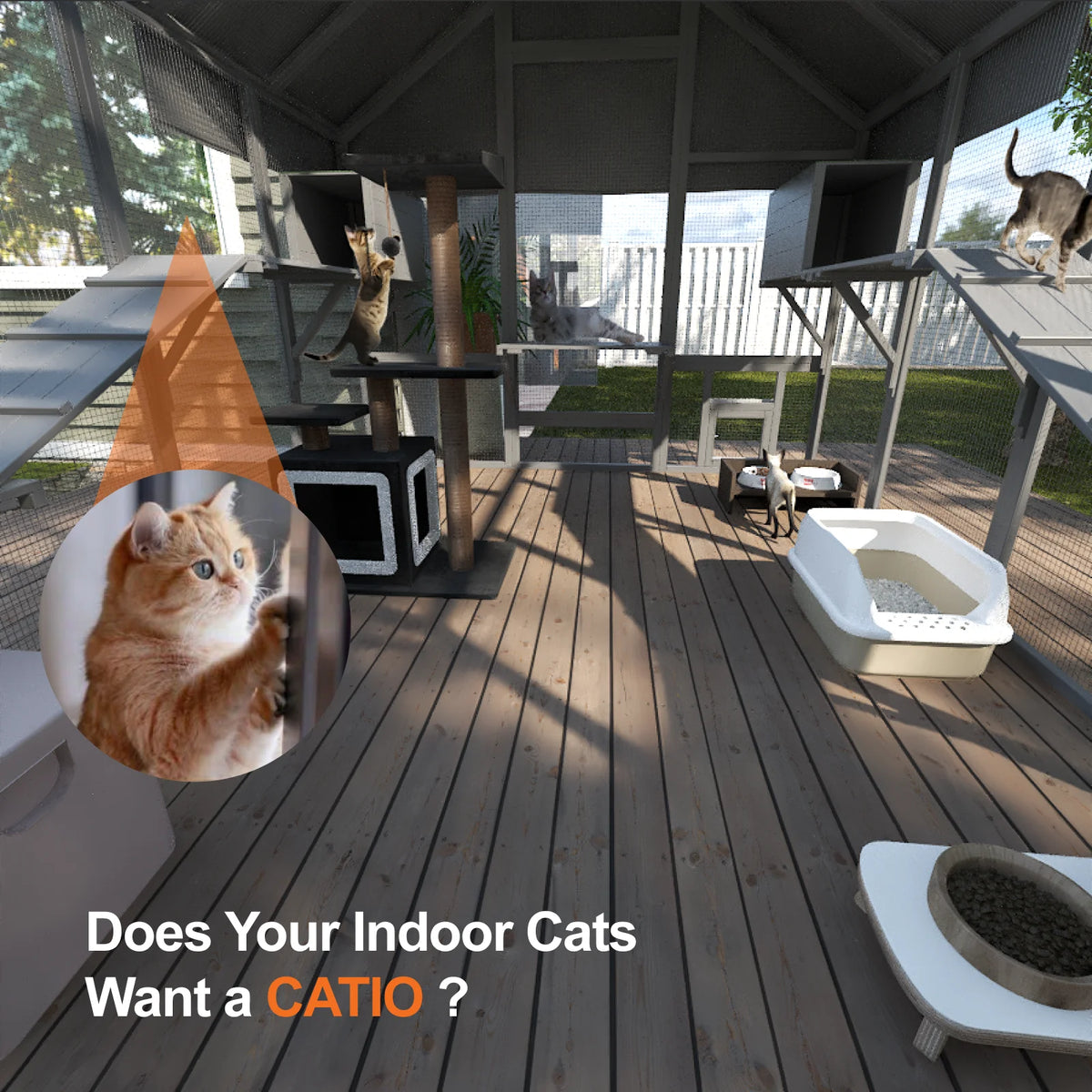 96.5" Walk-In Outdoor Cat Enclosure, Extra Large Waterproof Catio for Multiple Cats, Cat Run Cage with 2 Condos, 7 Platforms & Bridges, Grey