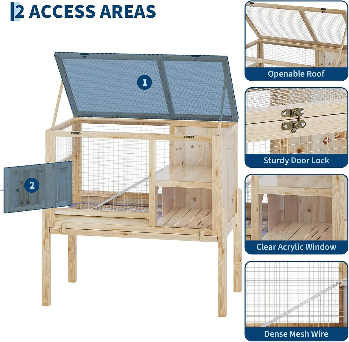 Wooden Guinea Pig Cage Indoor with Stand, 38" 2-Story Rabbit Hutch w/Ramp & Hideout, Clear Vision, Leak-Proof Pull-Out Tray, Lockable Door, Bunny Hamster Habitat