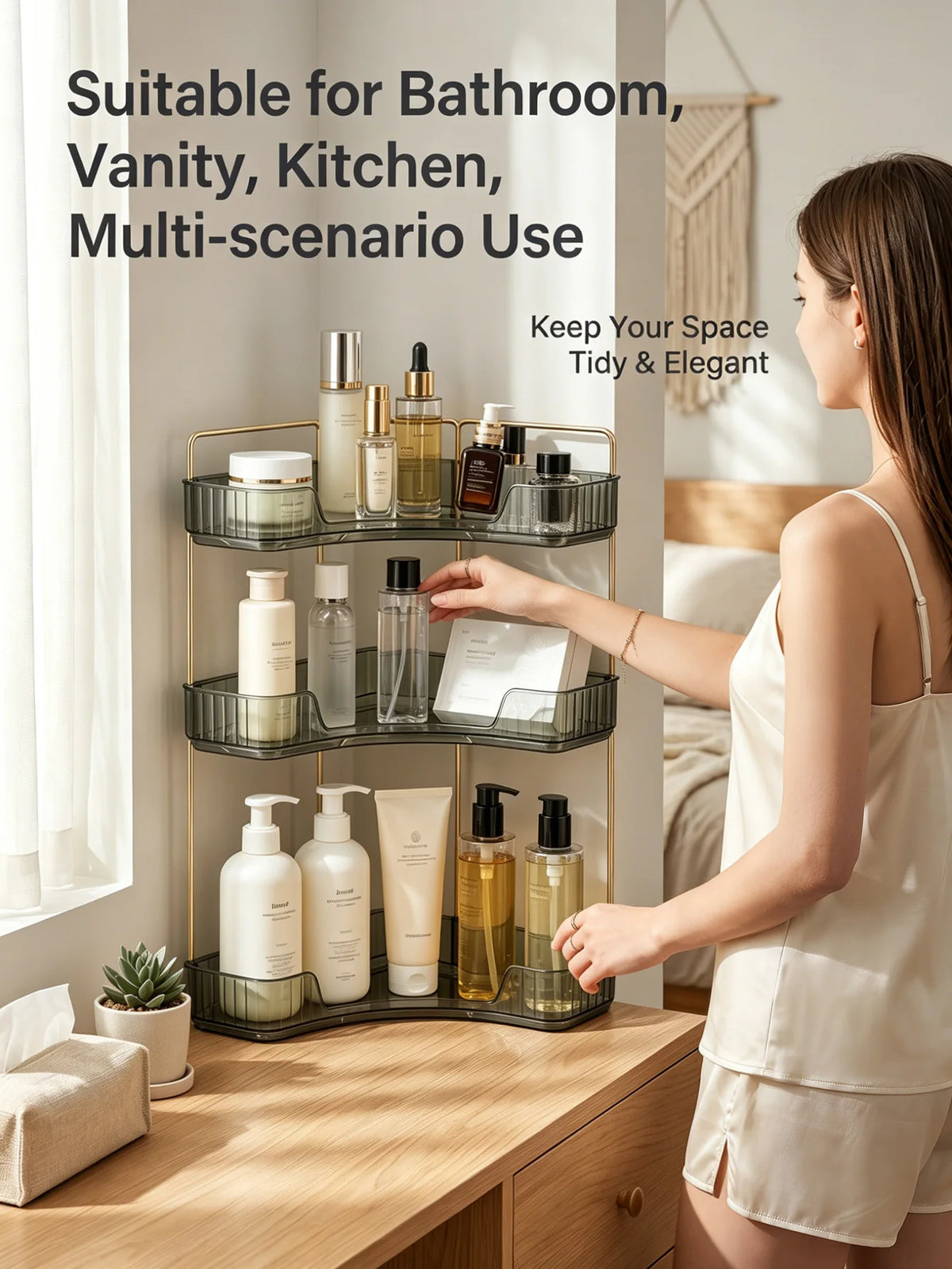 Bathroom Countertop Storage Organizer Rack With Hooks