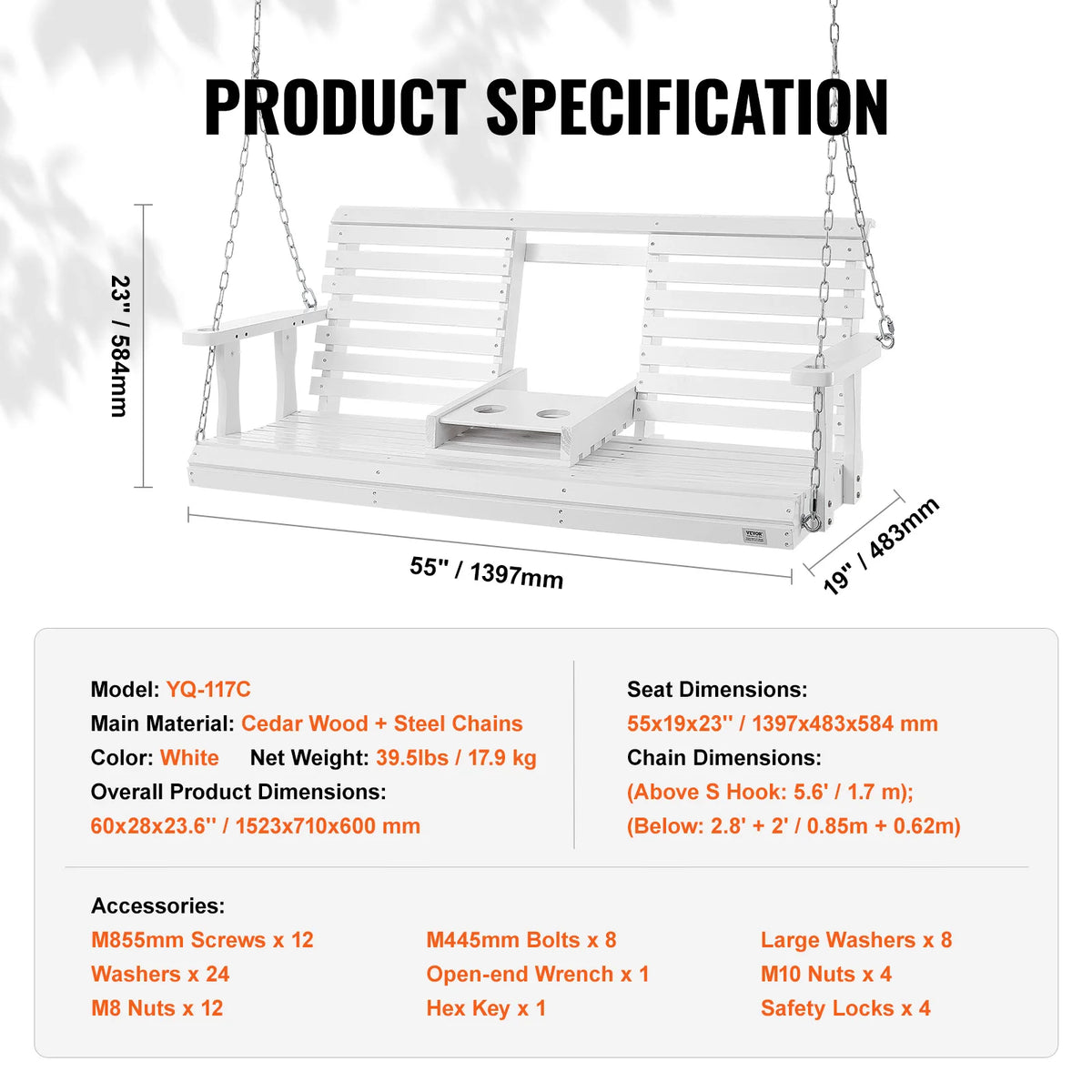 SucceBuy Wooden Porch Swing With Durable Cedar Wood Construction