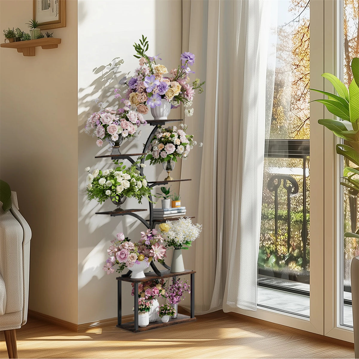 Tree Shaped Metal Plant Stand With Wooden Display Shelves