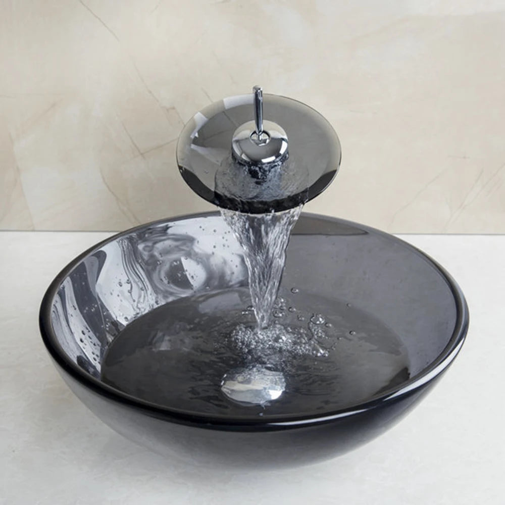 MEKKHALA Tempered Glass Vessel Sink With Waterfall Faucet Mixer