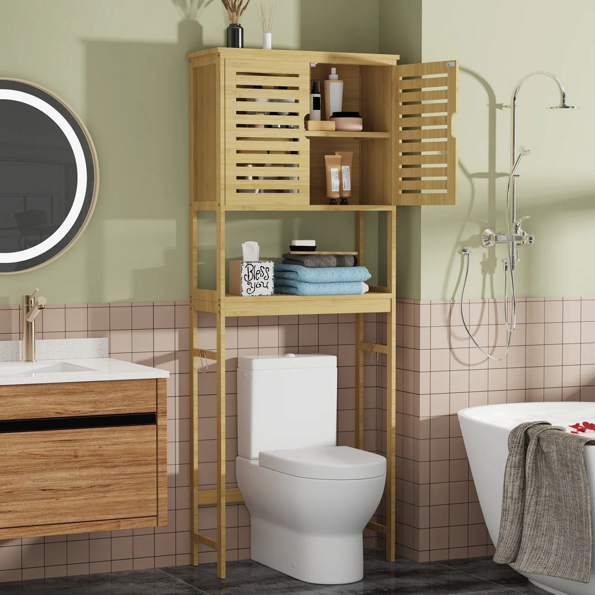 Natural Bamboo Over Toilet Storage Rack With Three Tier Shelves