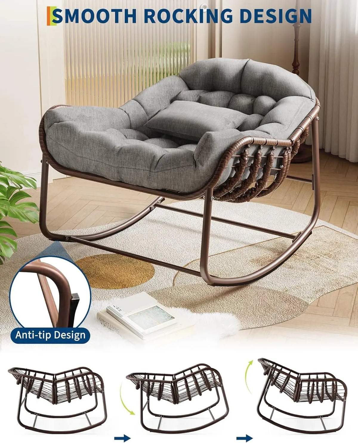 HiMISS Outdoor Papasan Egg Rocking Chair With Cushioned Wicker Lounge