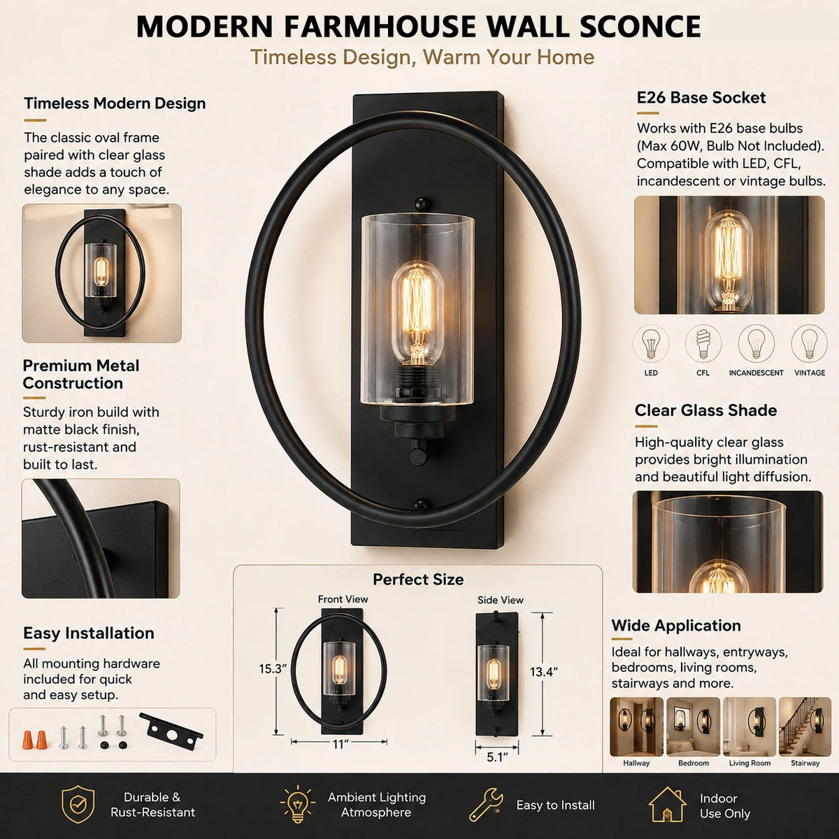 Black 15" Wall Sconces Set of 2, Outdoor Wall Light for Dining Room, Living Room, Bedroom, Hallway(not included bulbs)