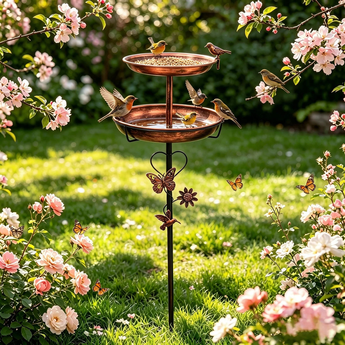 Two Tier Metal Bird Bath Feeder For Garden Patio Decor