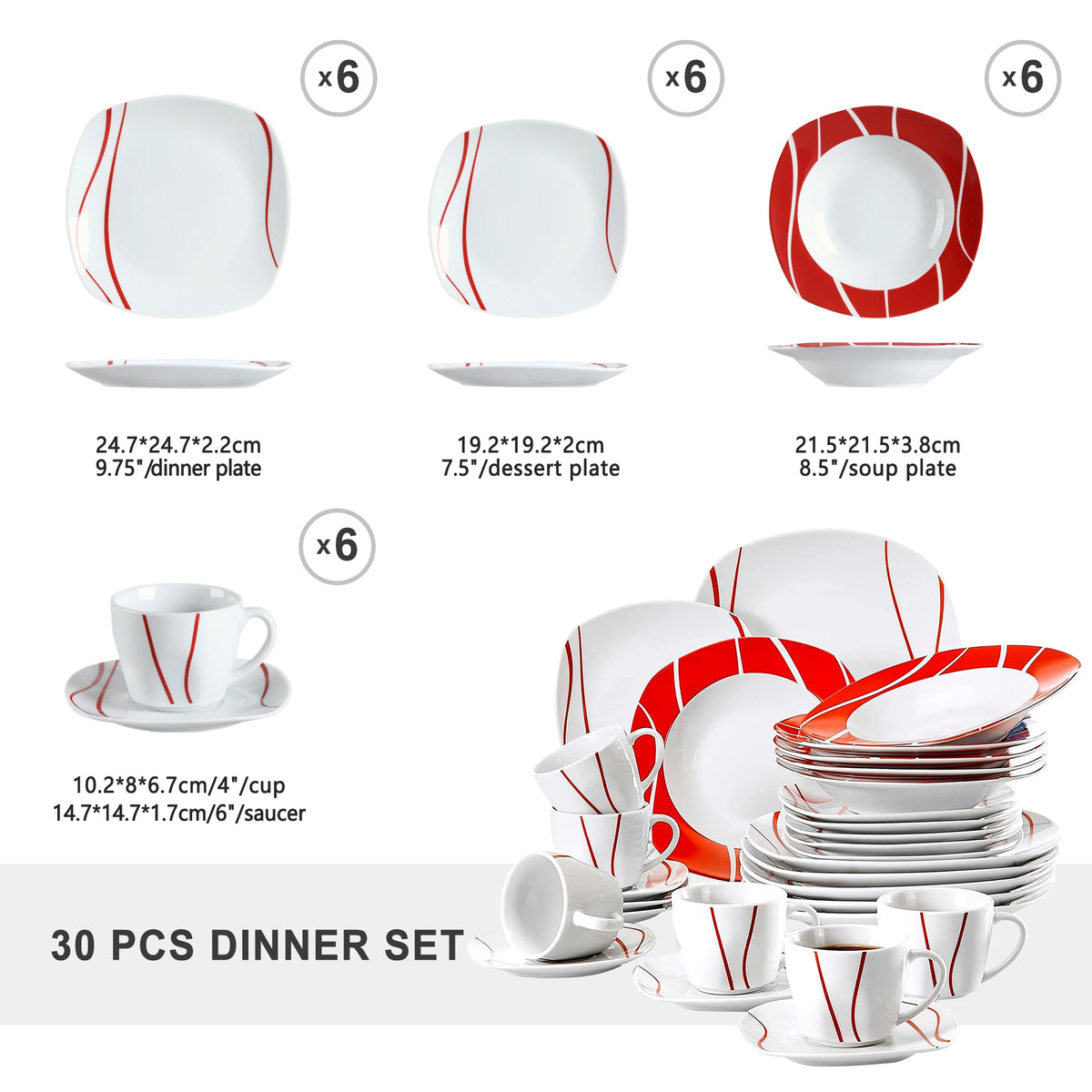 MALACASA Felisa Porcelain Dinnerware Set With Cups And Saucers
