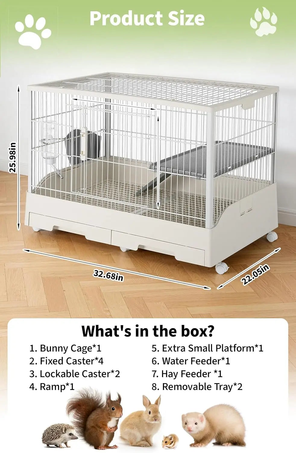Large Rabbit Hutch, Small Animal Cage with 2 Removable Tray, Ramp, 6 Casters, Water & Hay Feeder, for Rabbit, Hamster, Guin