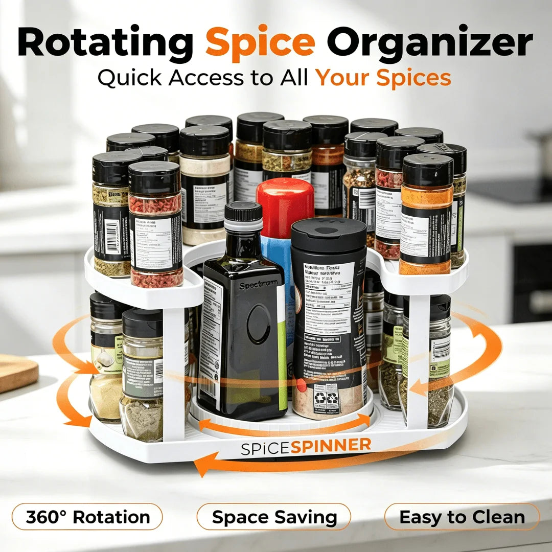 Two-Tier Rotating Spice Organizer D-Shape Lazy Susan Countertop Storage Rack