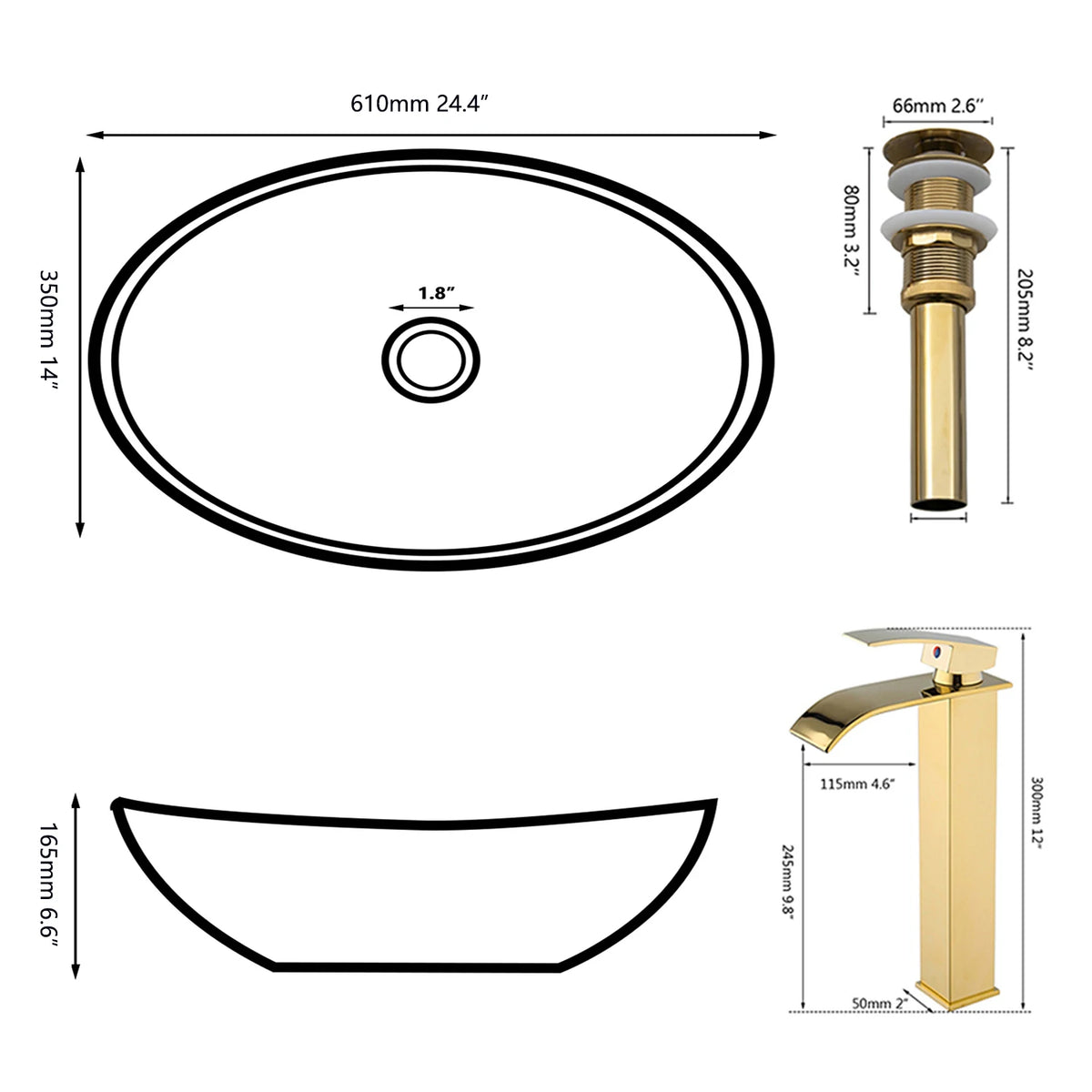 MEKKHALA Oval Ceramic Bathroom Vessel Sink Faucet And Drain Set