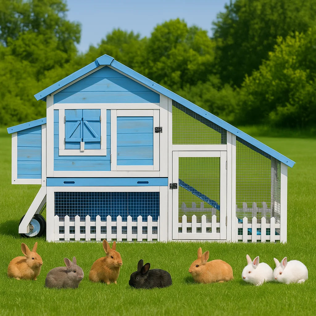 Outdoor Wheeled Double-Decker Rabbit Hutch with Fence Waterproof Solid Wood Pet Cage Mobile Home for Rabbits Chickens & Ducks