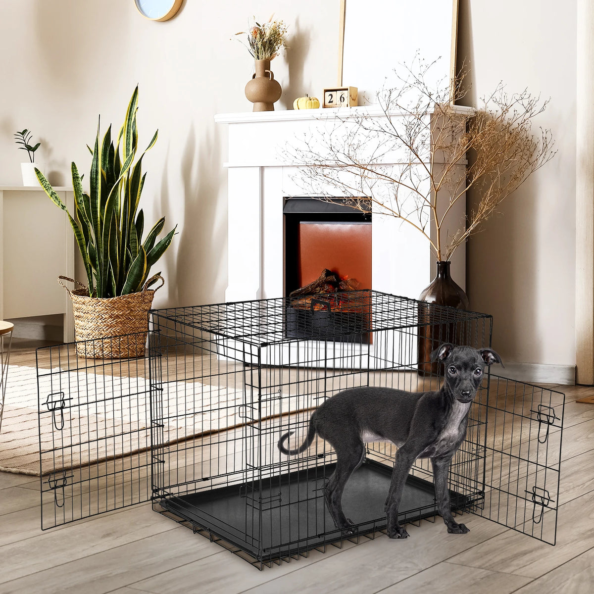 JHK Double Door Folding Metal Wire Dog Crate Leakproof Pan